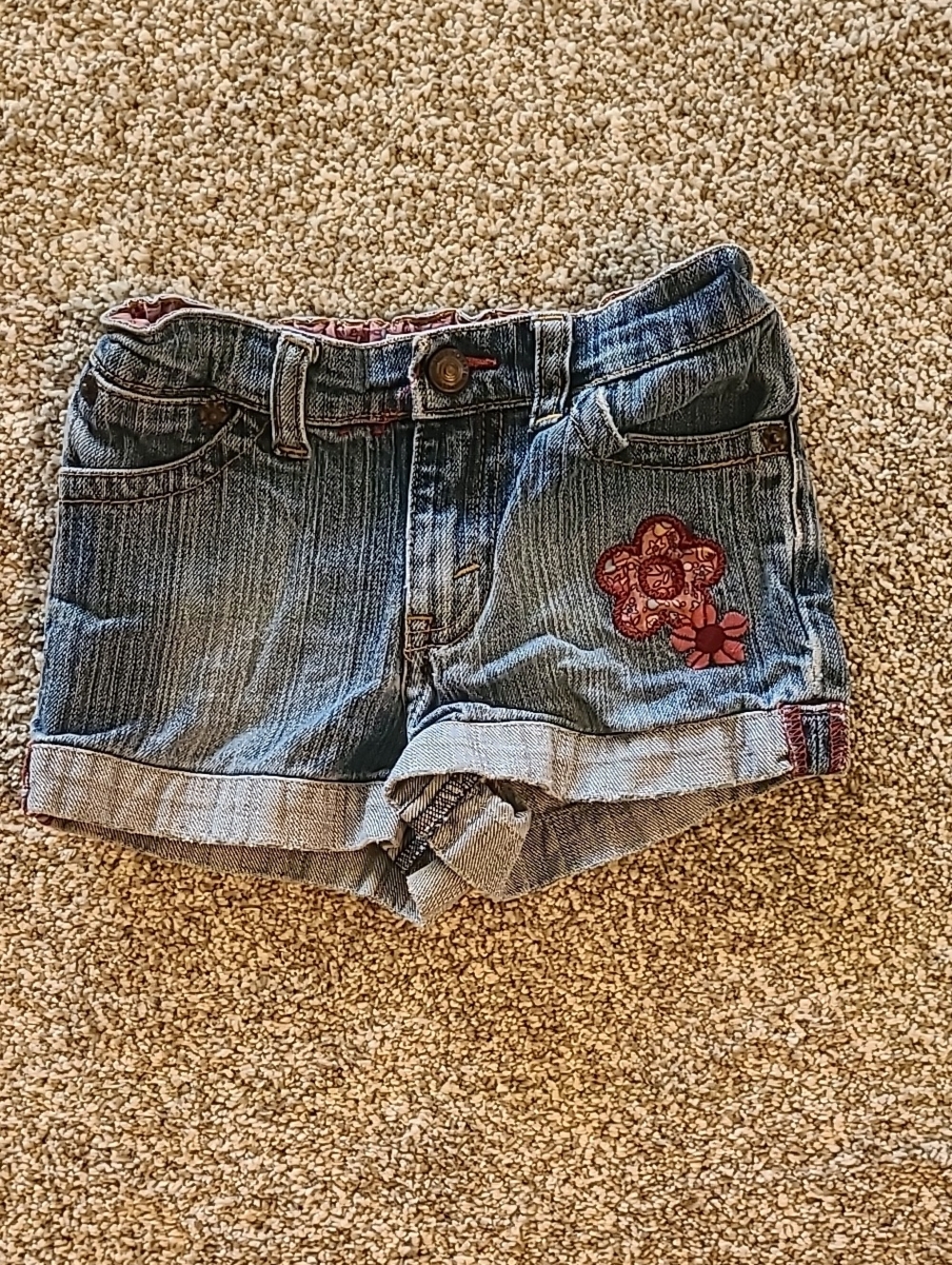 Girls Denim Shorts with Red Floral Patch
